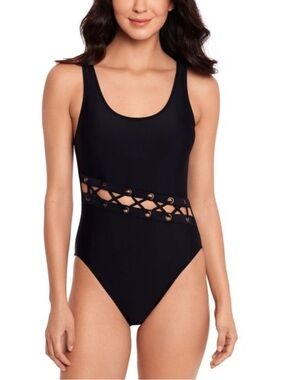 NEW SALT + COVE Black Lace-up Grommet Scoop Neck One Piece Pullover Swimsuit M